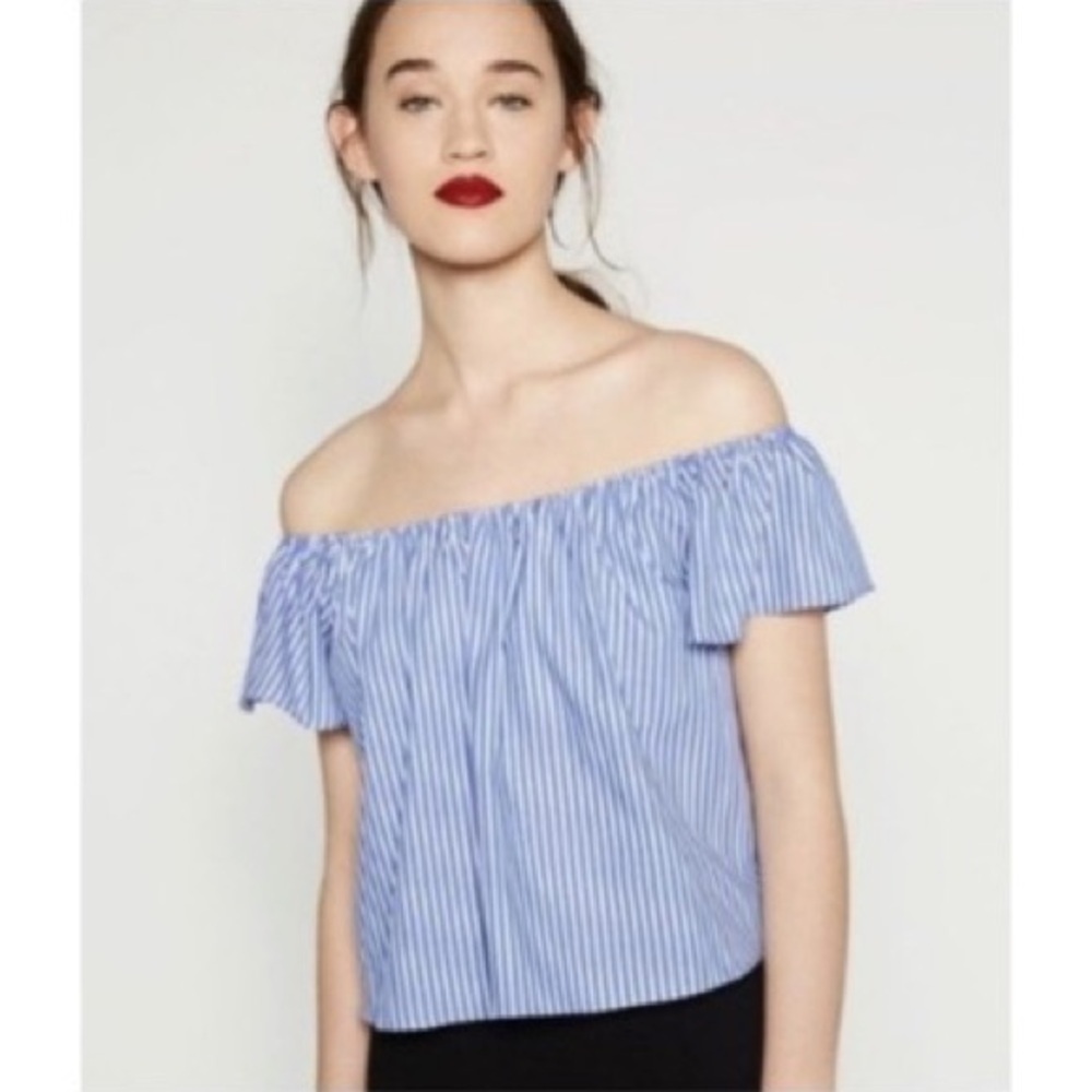 Zara Striped Blue Off the Shoulder Top Size XS EUC